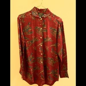 Dark red print with -hunt scene. Pheasant snd mallard ducks.